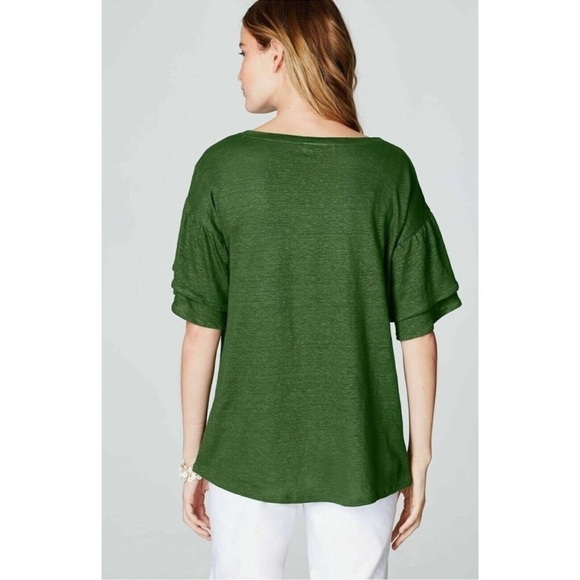 J. Jill Love Linen Flutter Ruffle Stacked Sleeve Forest Green Short Sleeve Top - Picture 3 of 10